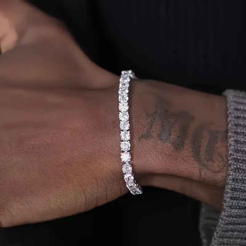 S925 sterling silver plated, fully encrusted with sparkling rhinestones, tennis chain.