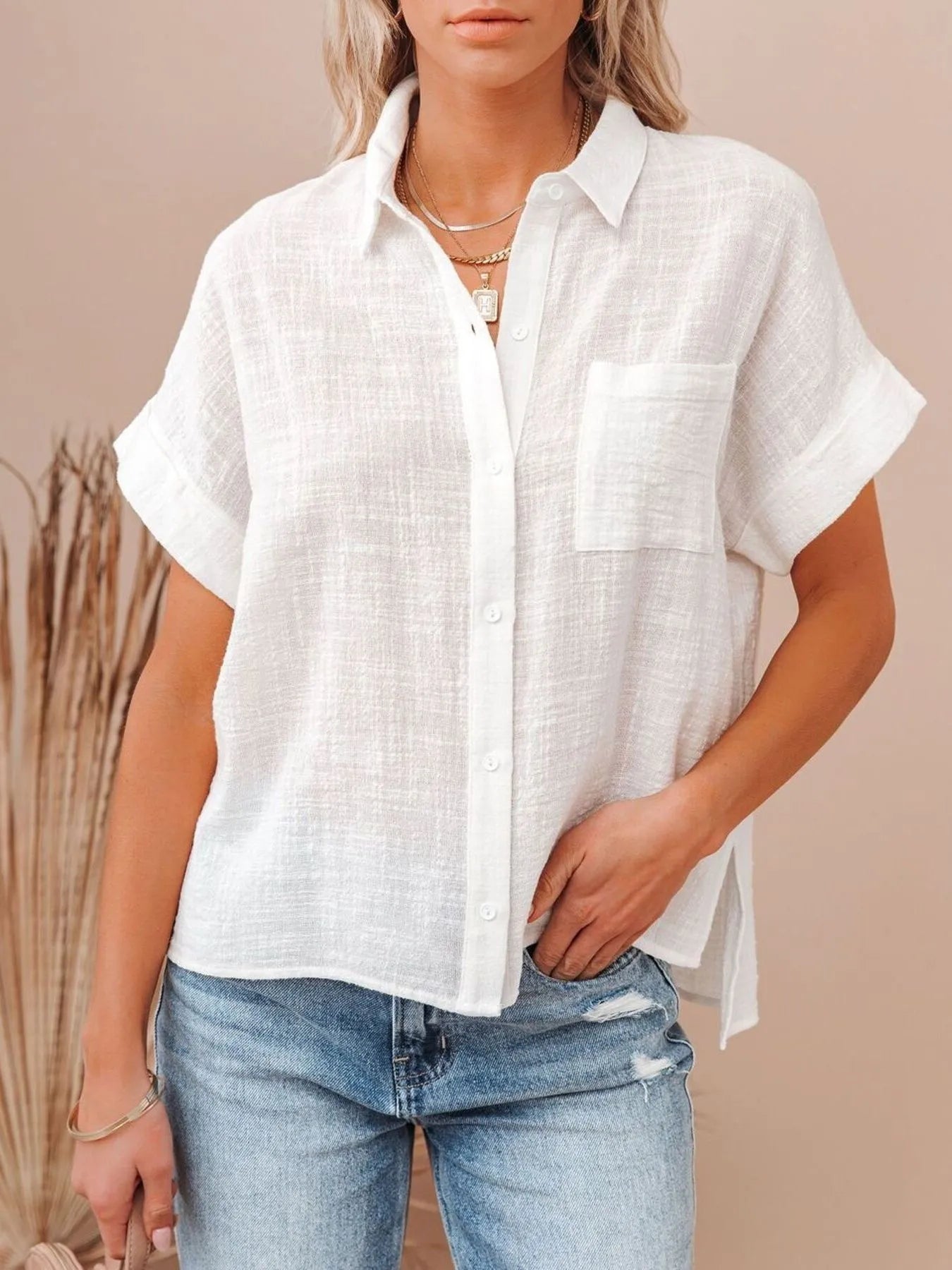 Full Size Button Up Short Sleeve Shirt Plus Size - Atelievuè