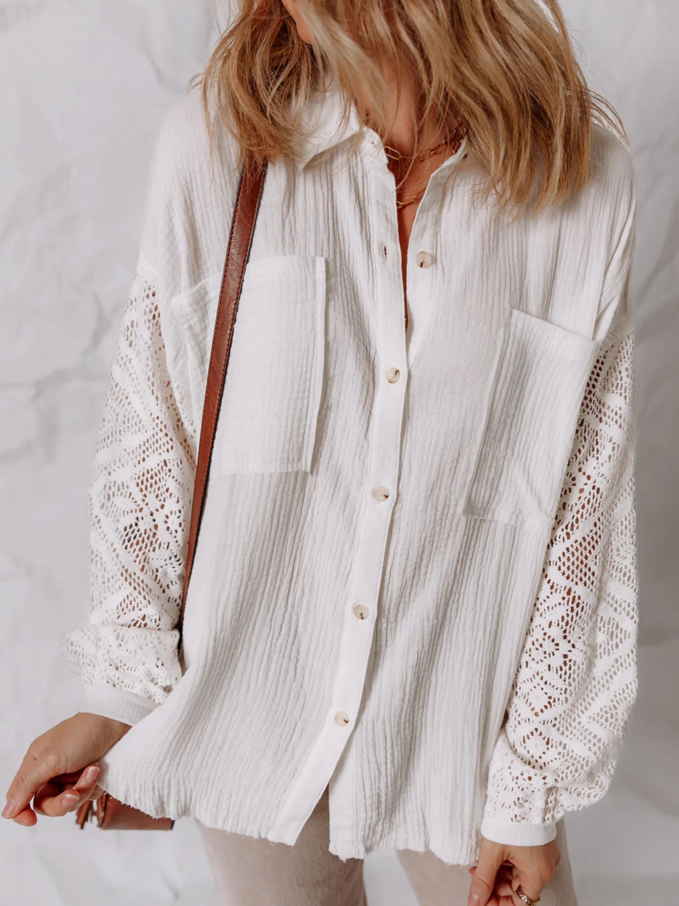 Lace Sleeve Button Down Shirt - Atelievuè
