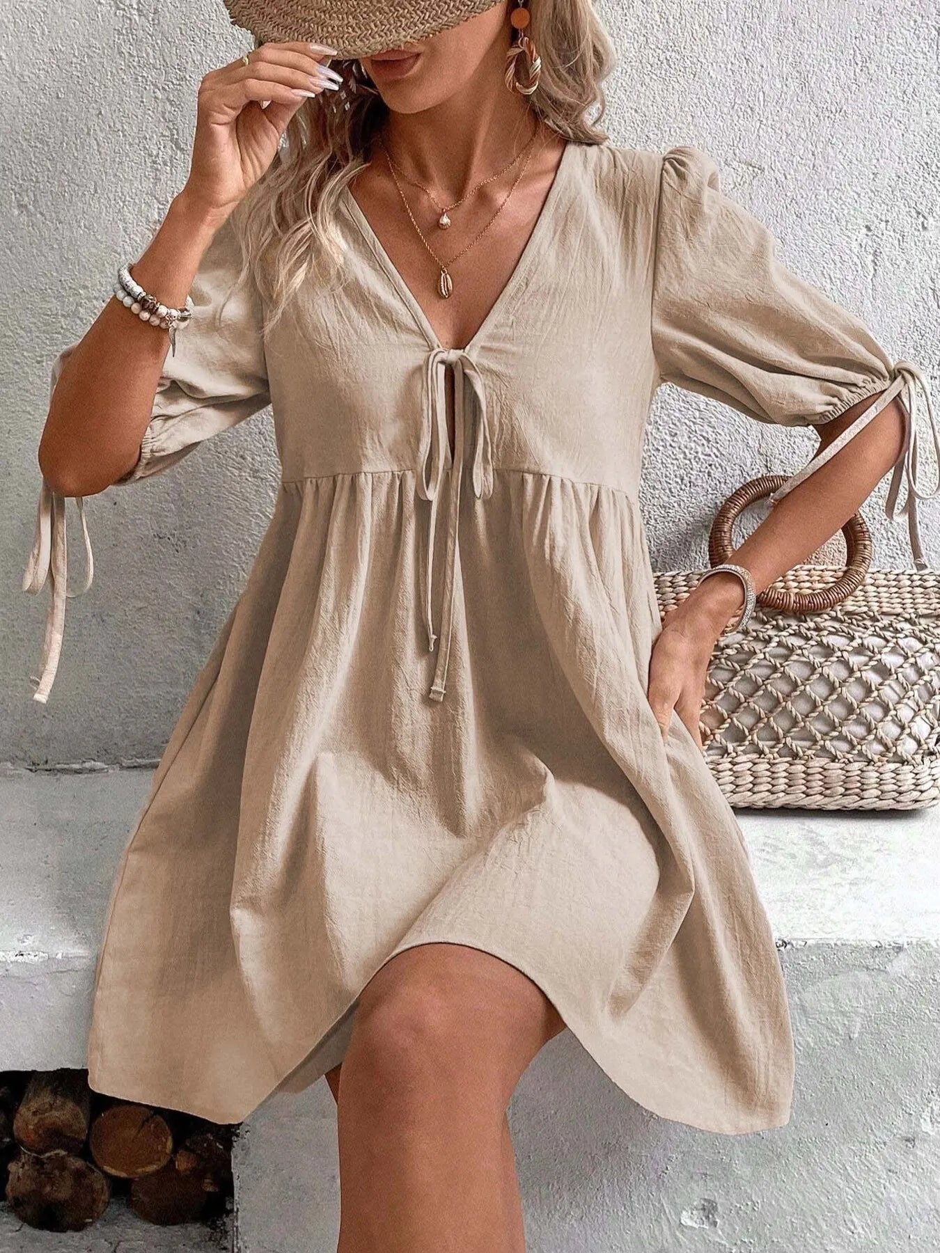 V-Neck Tie-Front Mini Dress with Puff Sleeves - Atelievuè