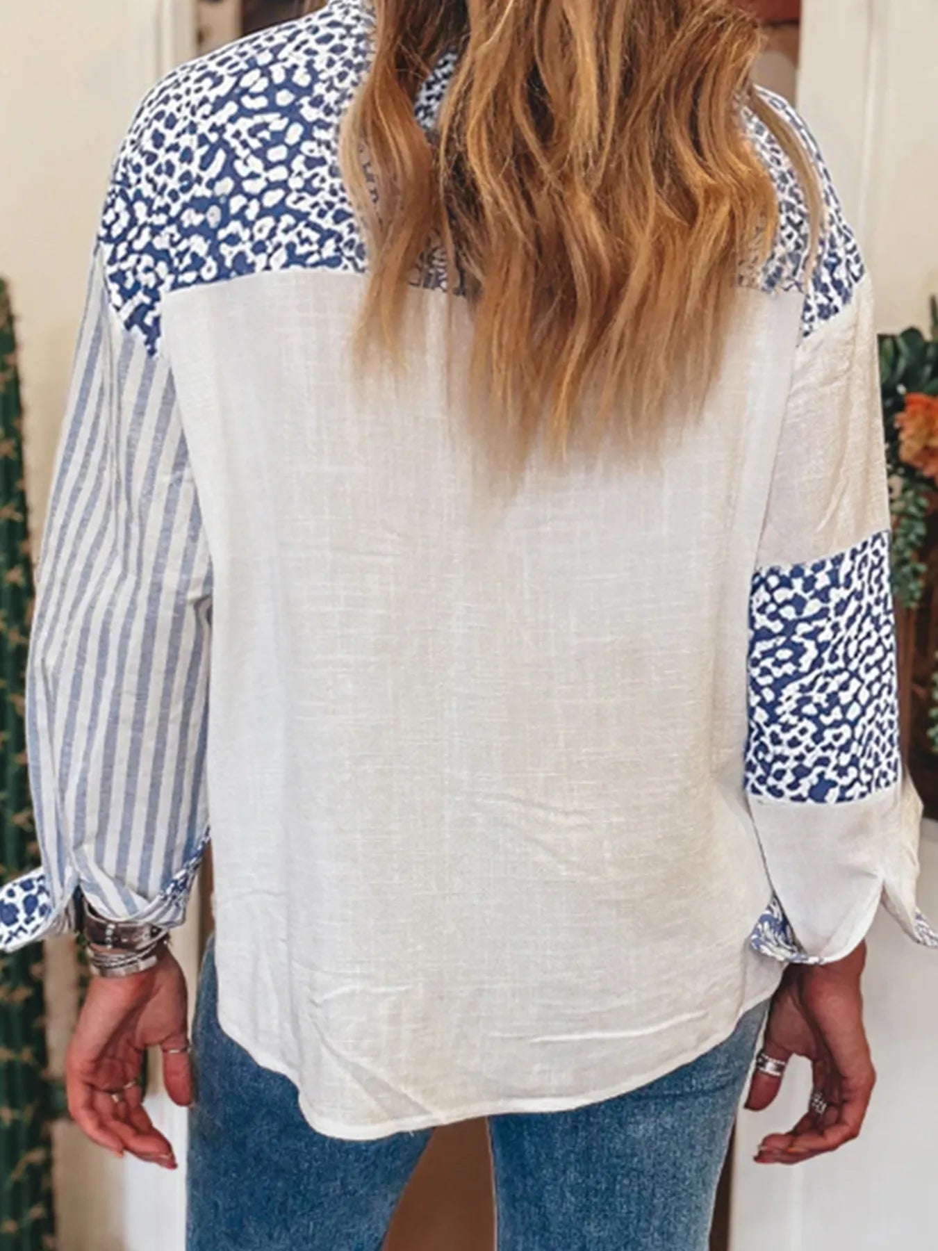 Striped Patchwork Button Down Shirt with Leopard Print Details - Atelievuè