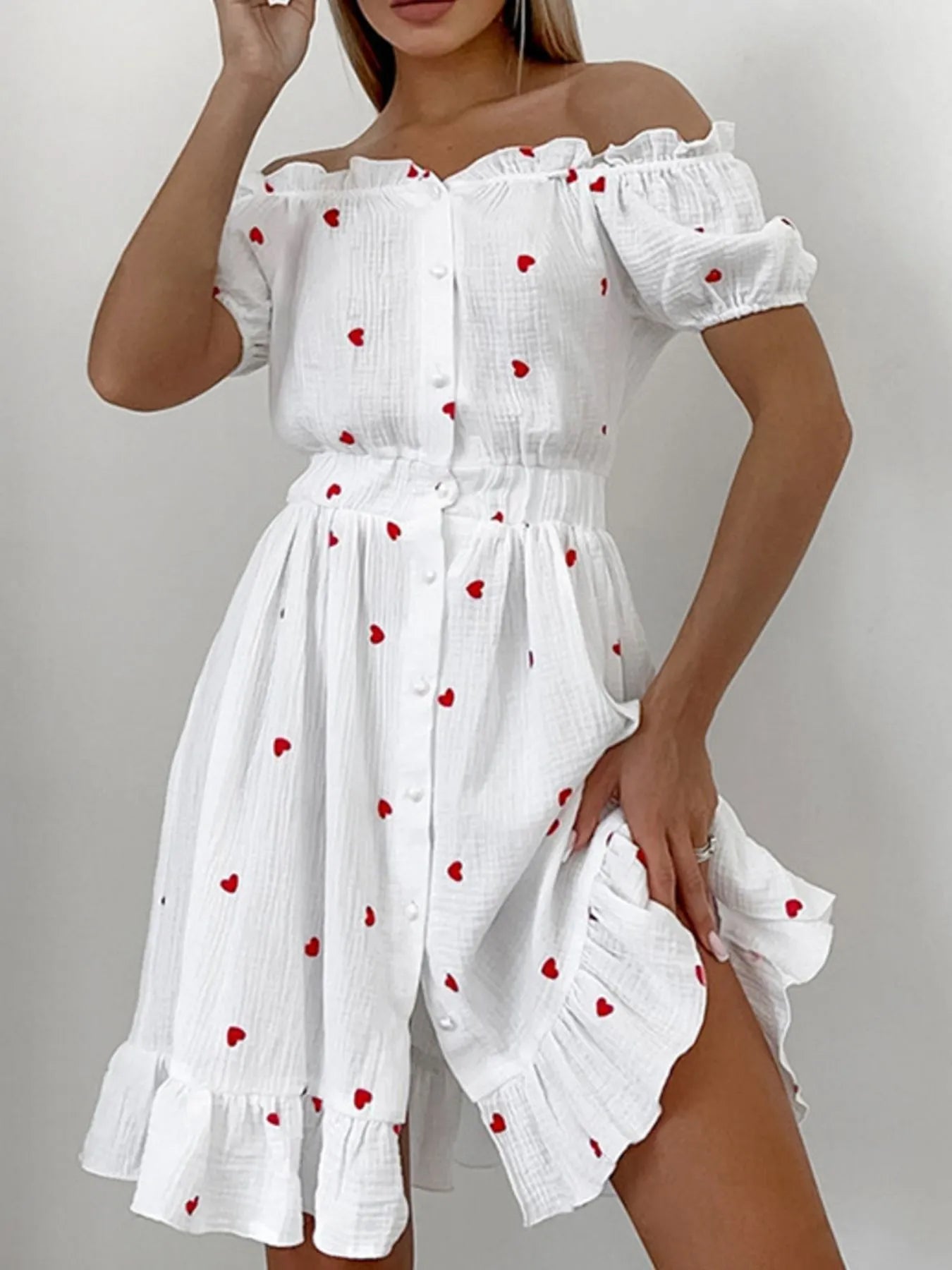 Heart Printed Off-Shoulder Ruffle Mini Dress - Atelievuè