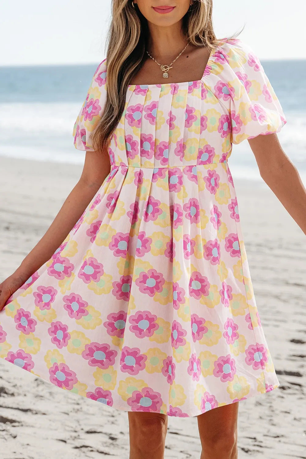 Floral Square Neck Puff Sleeve Pleated Flared Midi Dress - Atelievuè