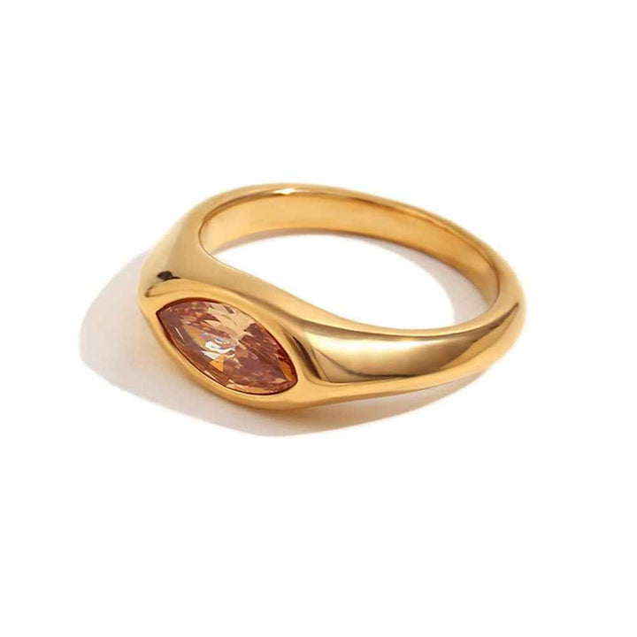18K gold ring with marquise-cut zircon and seal design