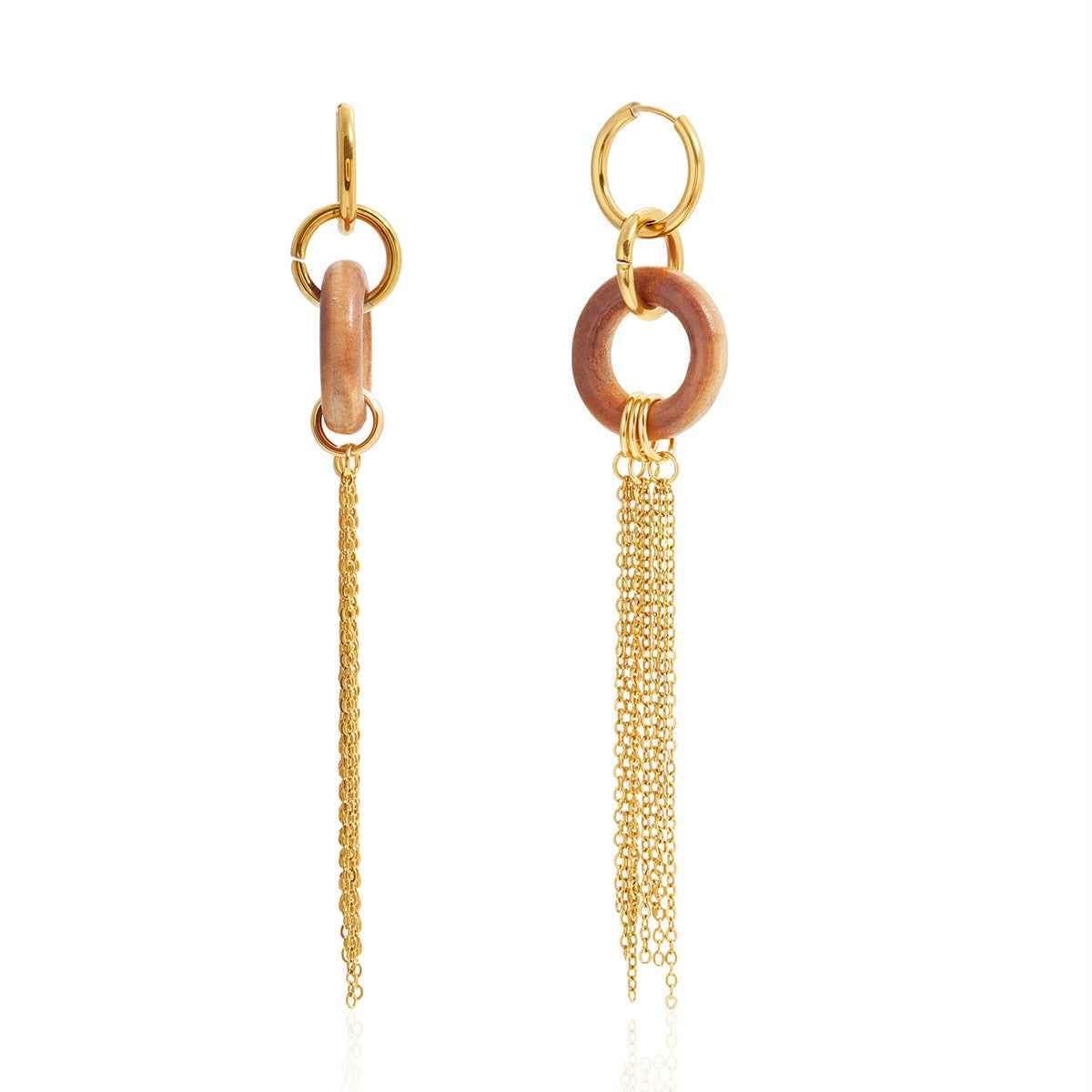 18K gold lightweight luxury and high-end wooden tassel earrings