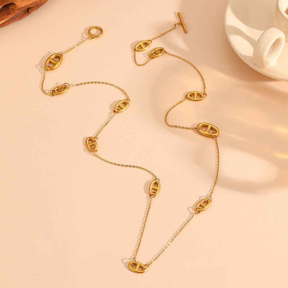 18K Gold Plated Smooth Pig Nose Design Necklace, Bracelet, and Earrings Set