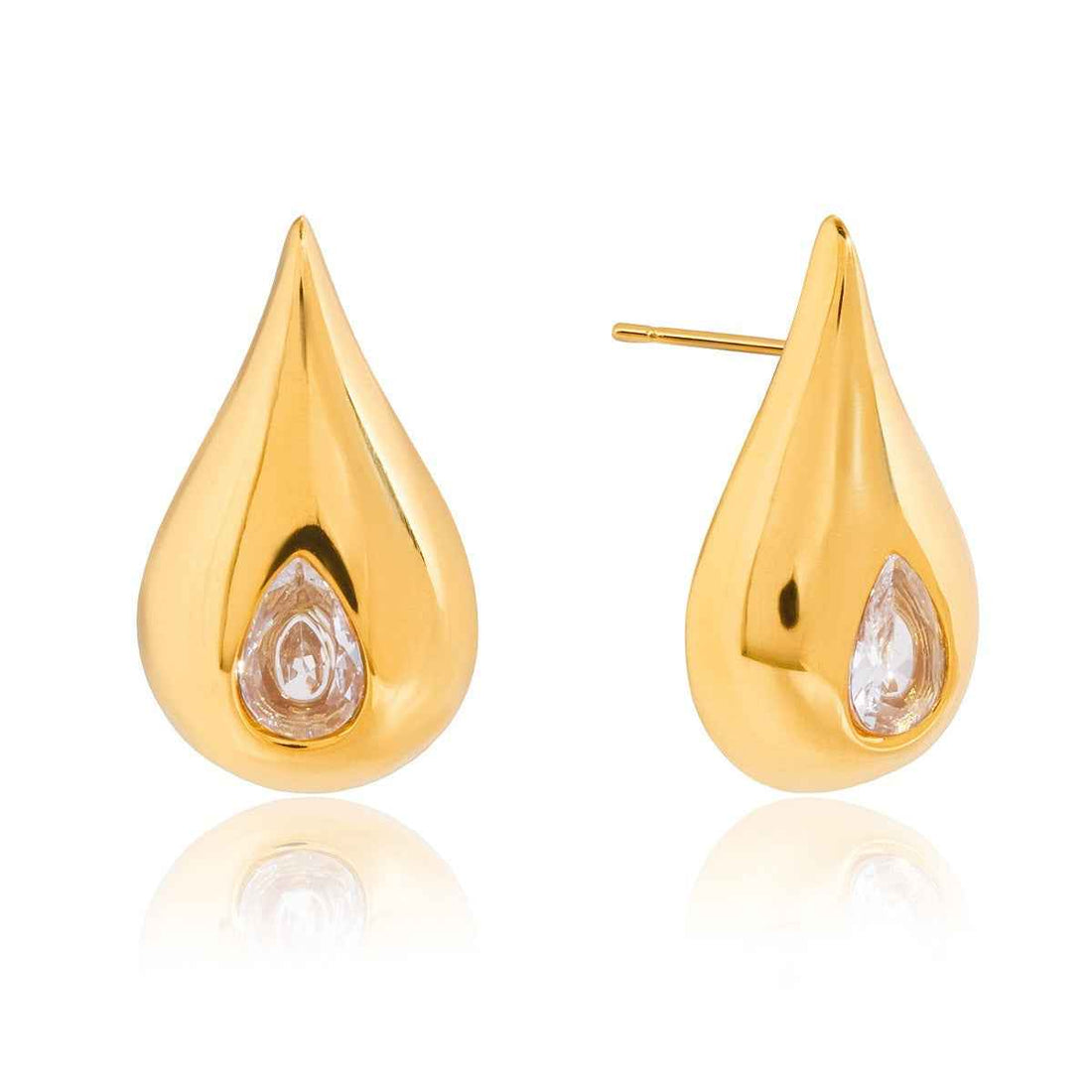 18K gold earrings inlaid with cubic zirconia in a teardrop design.