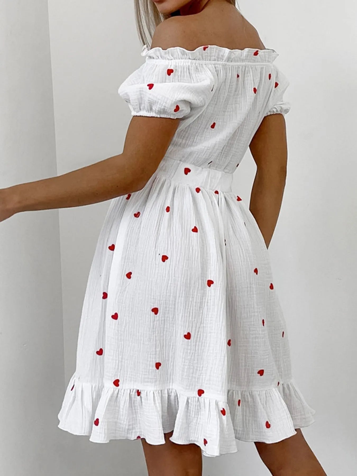 Heart Printed Off-Shoulder Ruffle Mini Dress - Atelievuè
