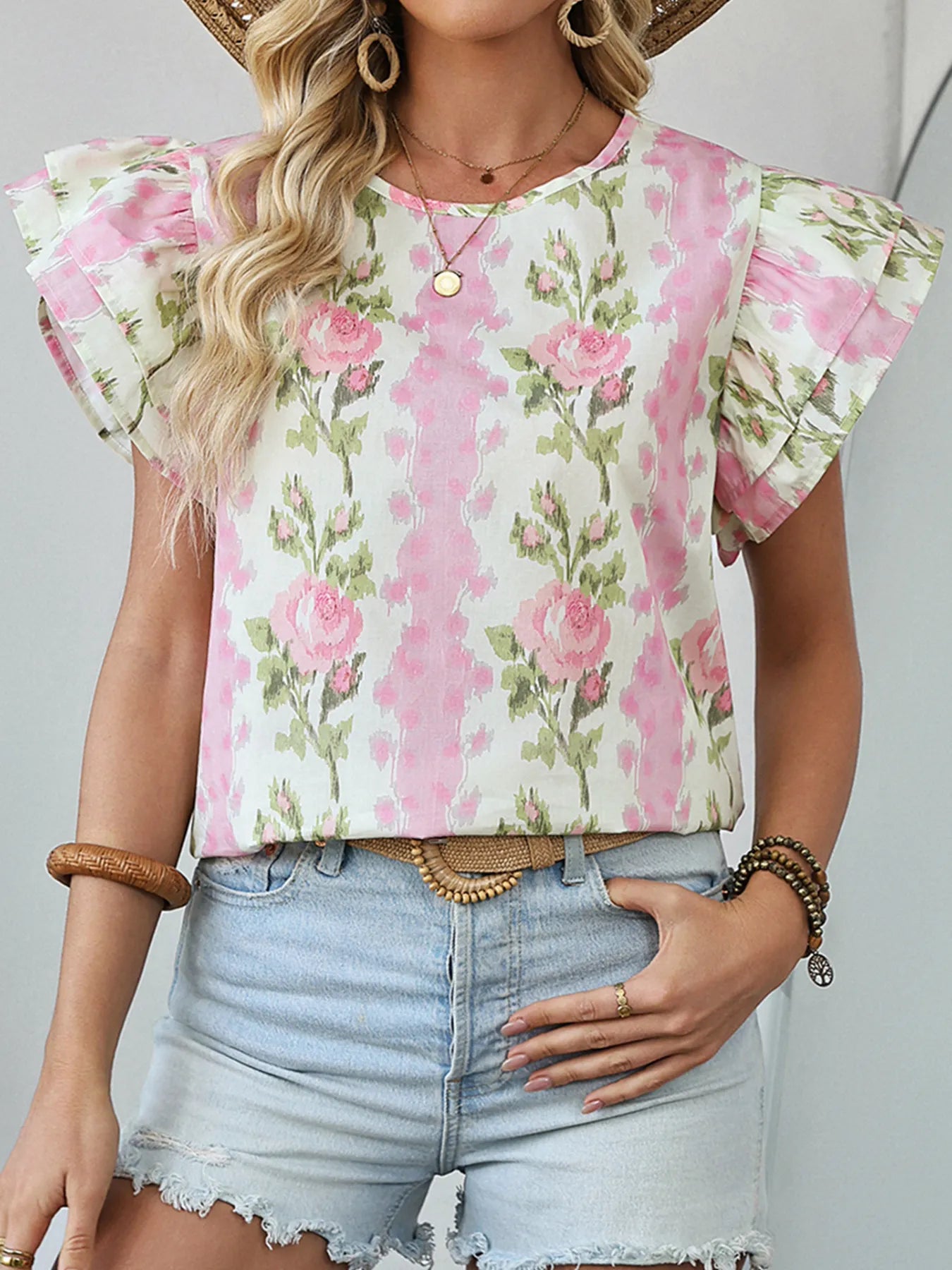 Floral Print Ruffled Sleeve Blouse - Atelievuè