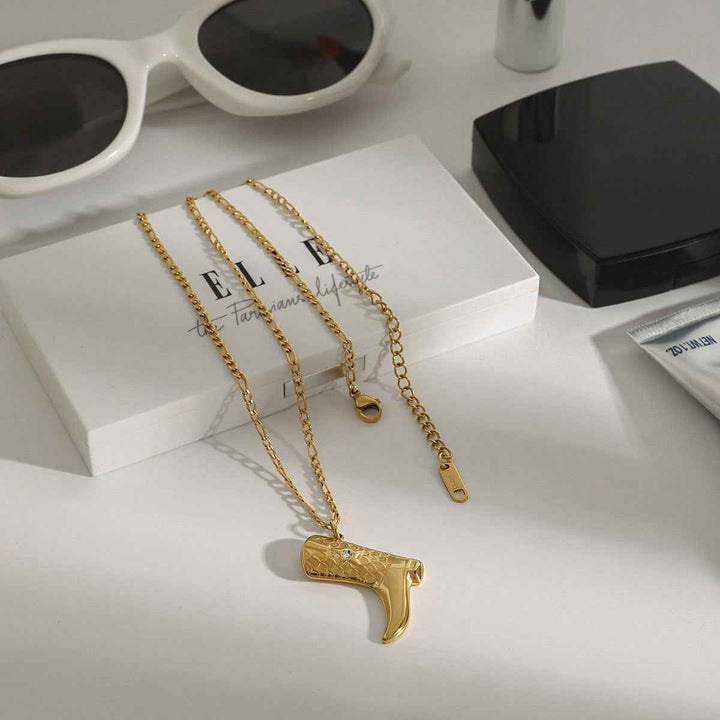 18K gold boots inlaid with gemstones and textured design trendy and unique necklace