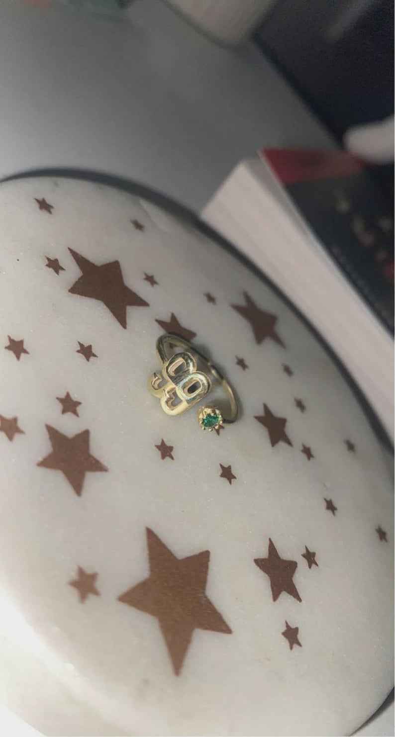 Personalized open ring with birthstones in the shape of numbers and letters