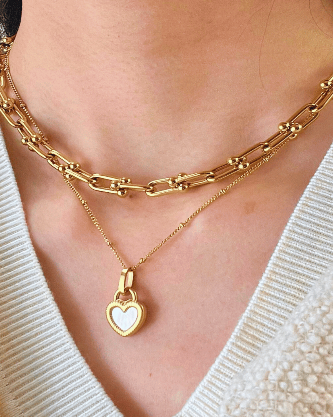 18K Gold Link Necklace + Heart Pearl Pendant Necklace Stack Bundle Mason & Madison Co. Jewelry
