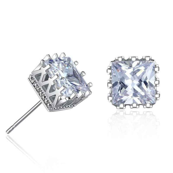 Crown-shaped openwork square zircon stud earrings