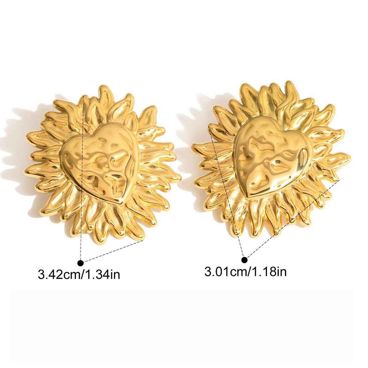 18K Gold Heart-Shaped Sun Design Lightweight Luxury Stud Earrings