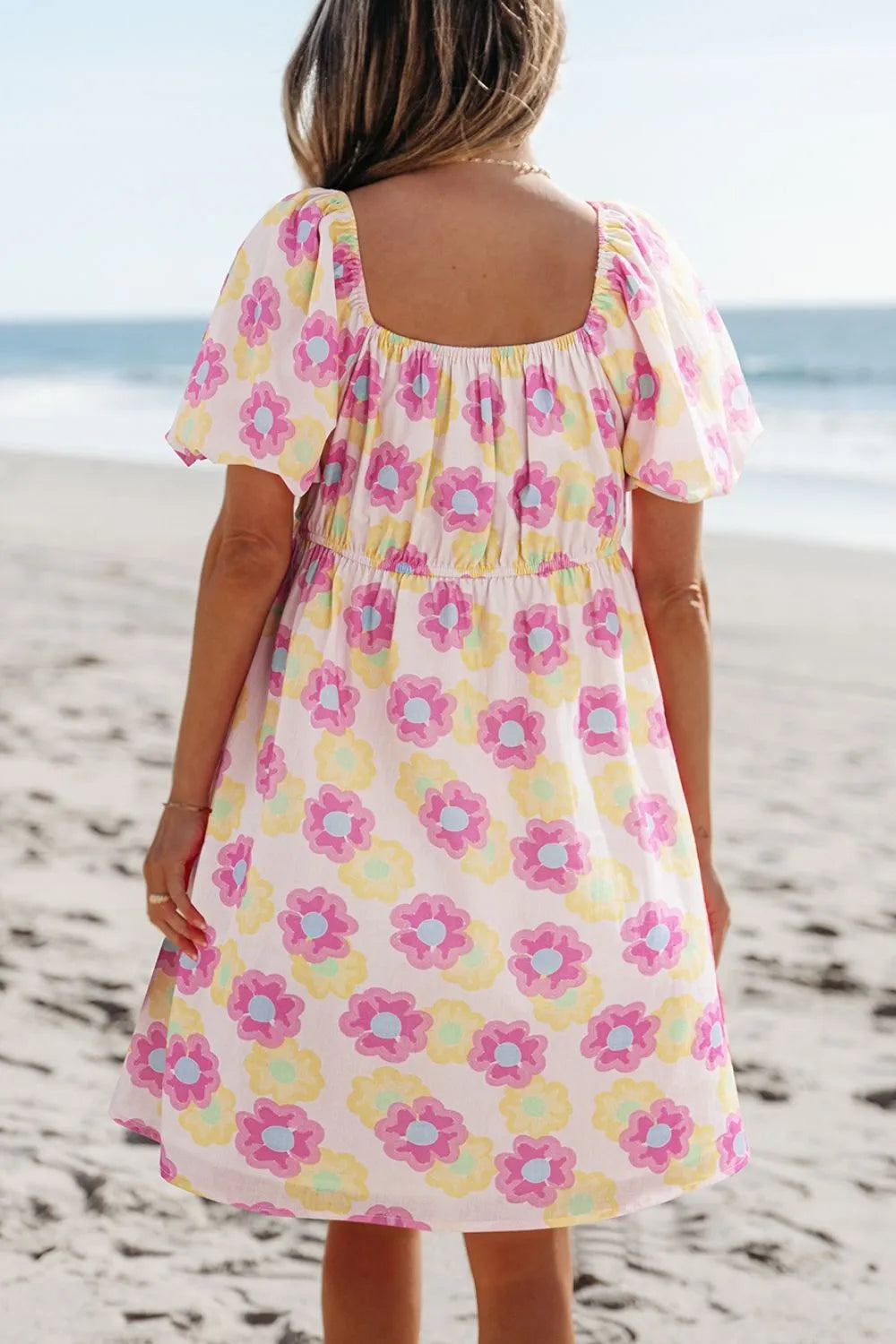 Floral Square Neck Puff Sleeve Pleated Flared Midi Dress - Atelievuè