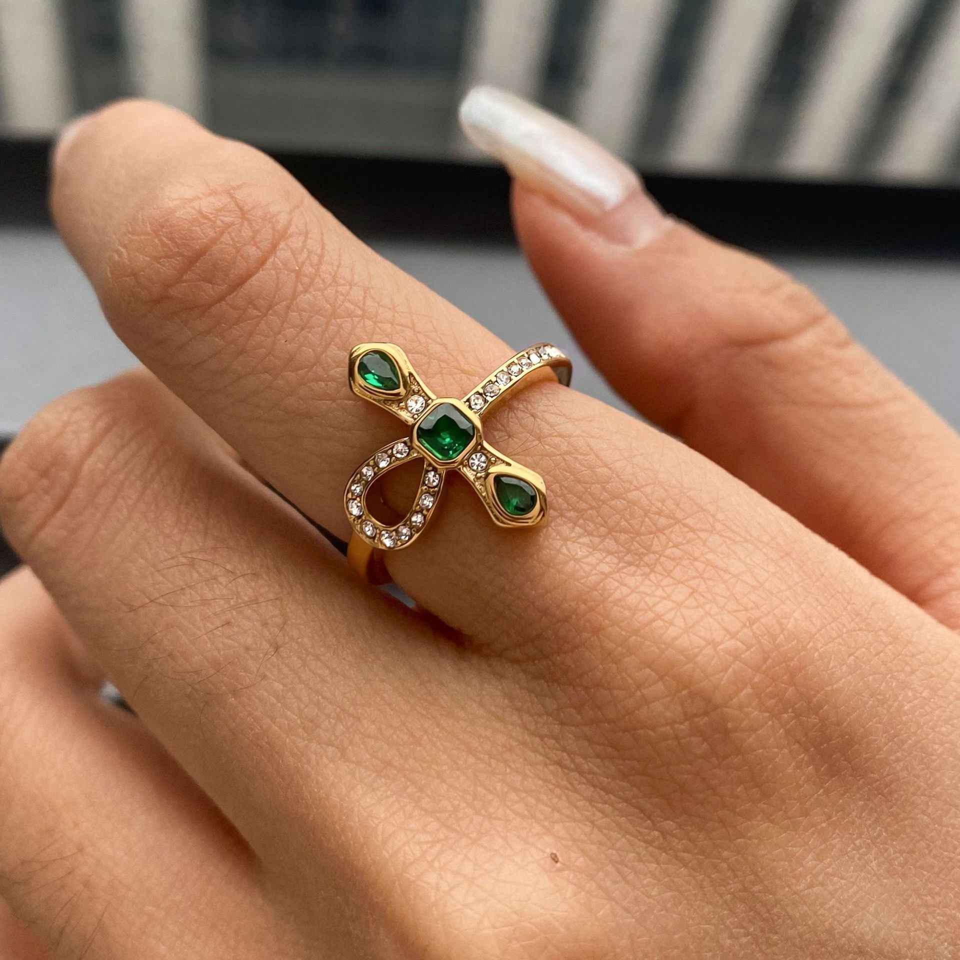 18K Gold Cross Snake Titanium Steel Zirconia Ring