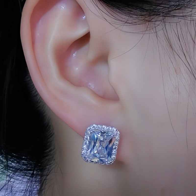 Geometric rectangular inlaid gemstone design light luxury fashion earrings