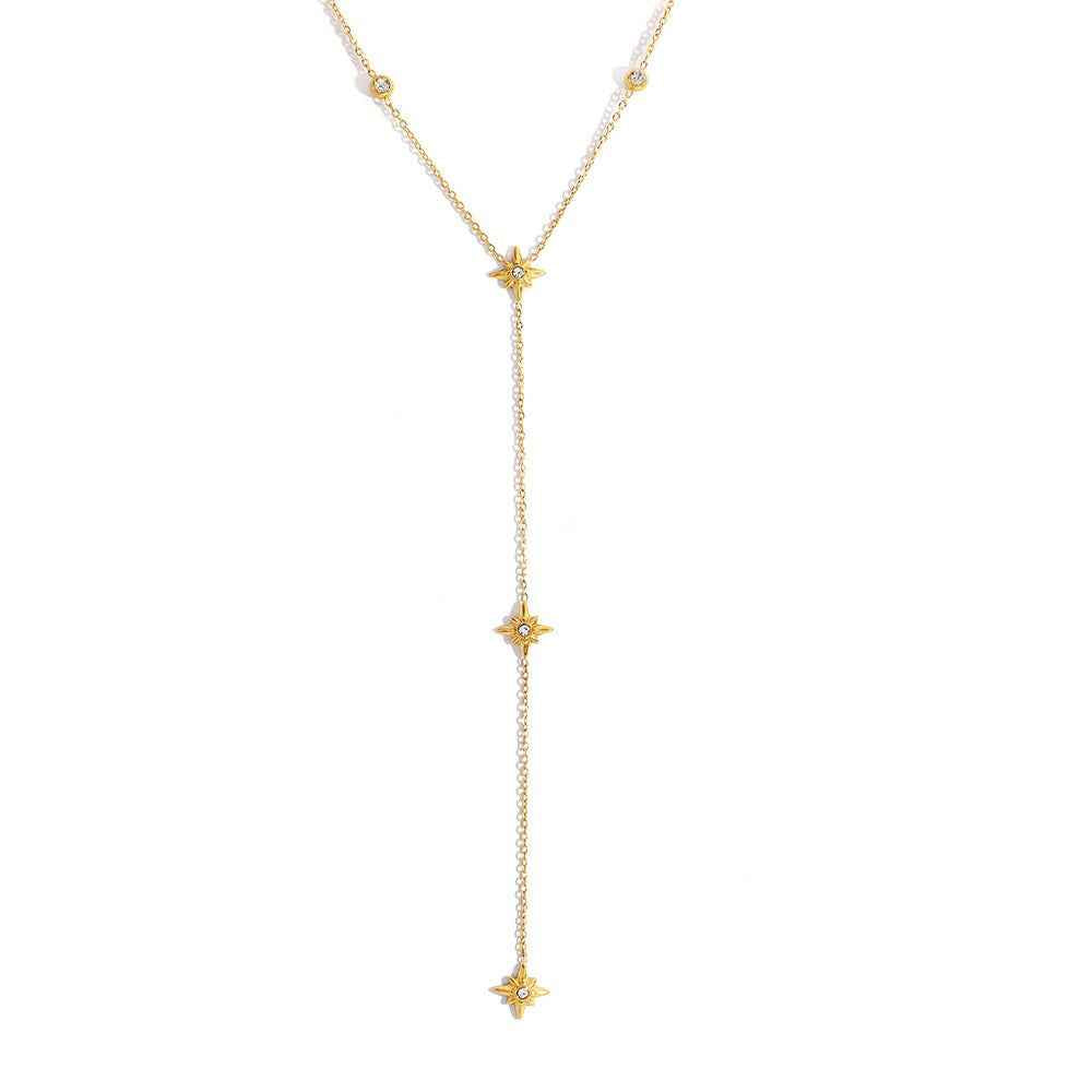 18K gold-plated titanium steel necklace with an eight-pointed star pendant and inlaid diamonds.