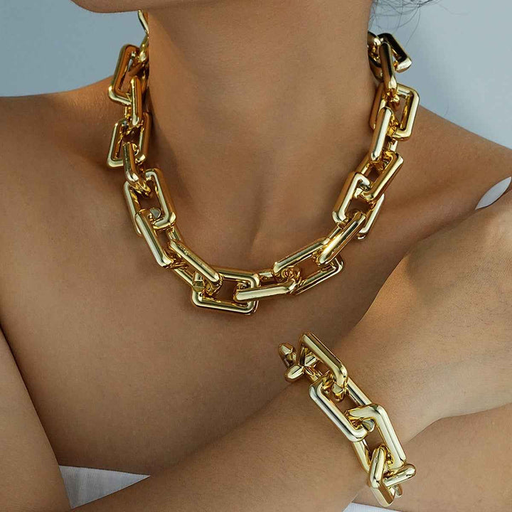 Geometric rectangular chunky chain bracelet and necklace set