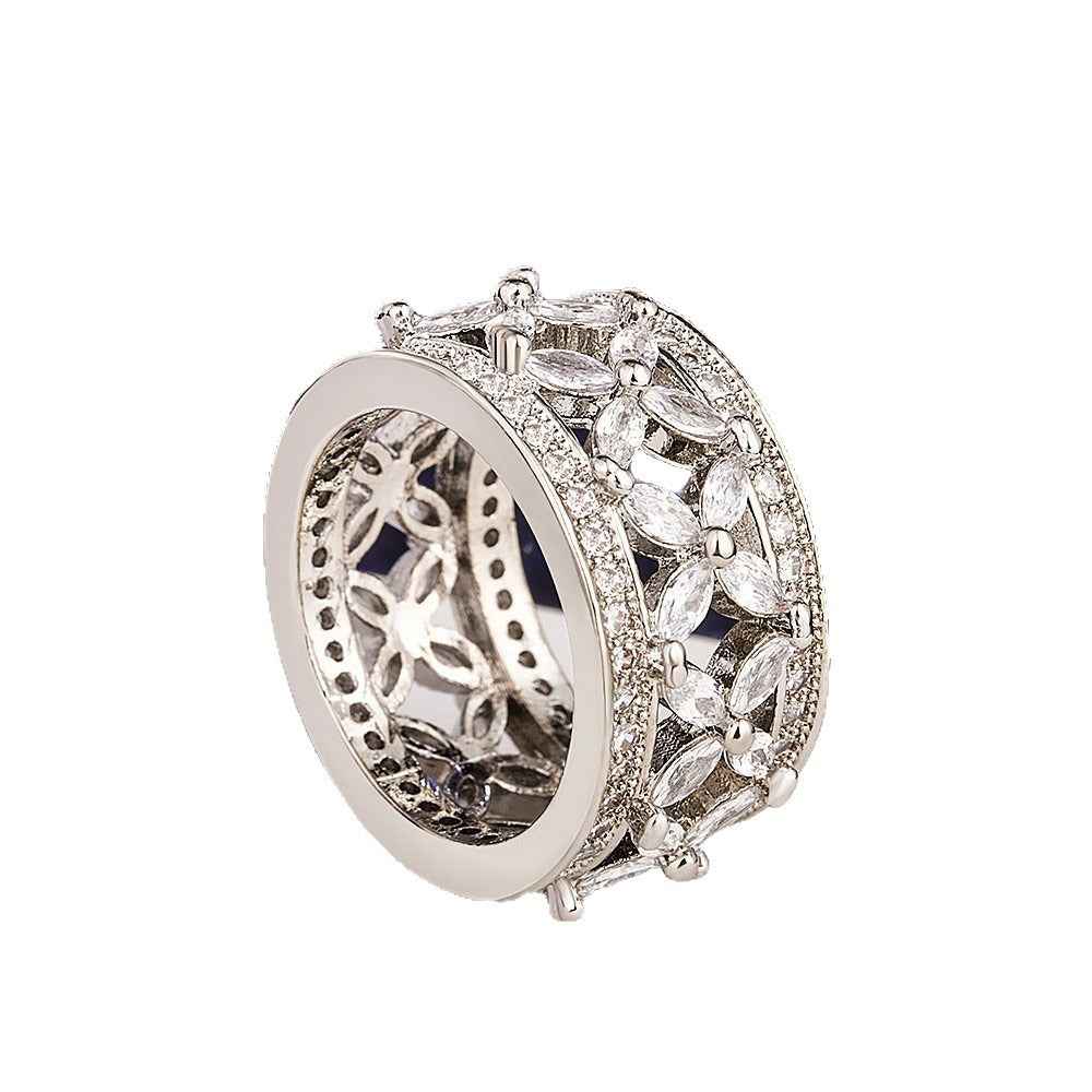 S925 sterling silver ring with full pave-set marquise-cut stones.