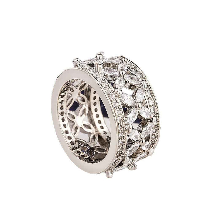 S925 sterling silver ring with full pave-set marquise-cut stones.