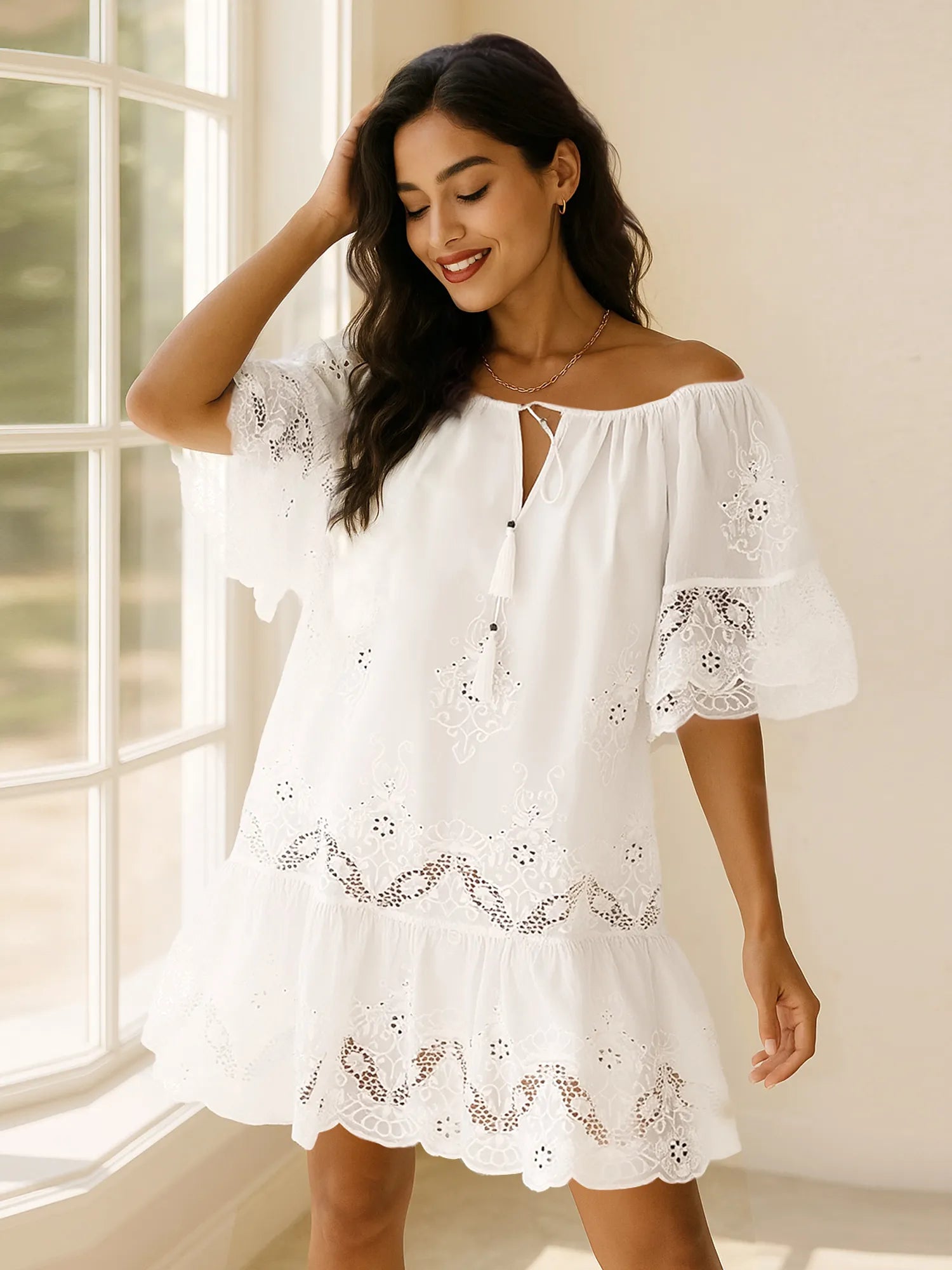 Eyelet Embroidered Tassel Tie Neck Dress - Atelievuè