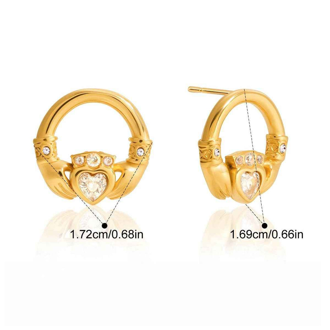 18K gold-plated friendship hand design titanium steel stud earrings with cubic zirconia.