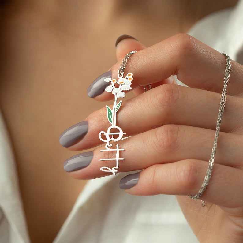 Personalized Birth Flower & Name Necklace