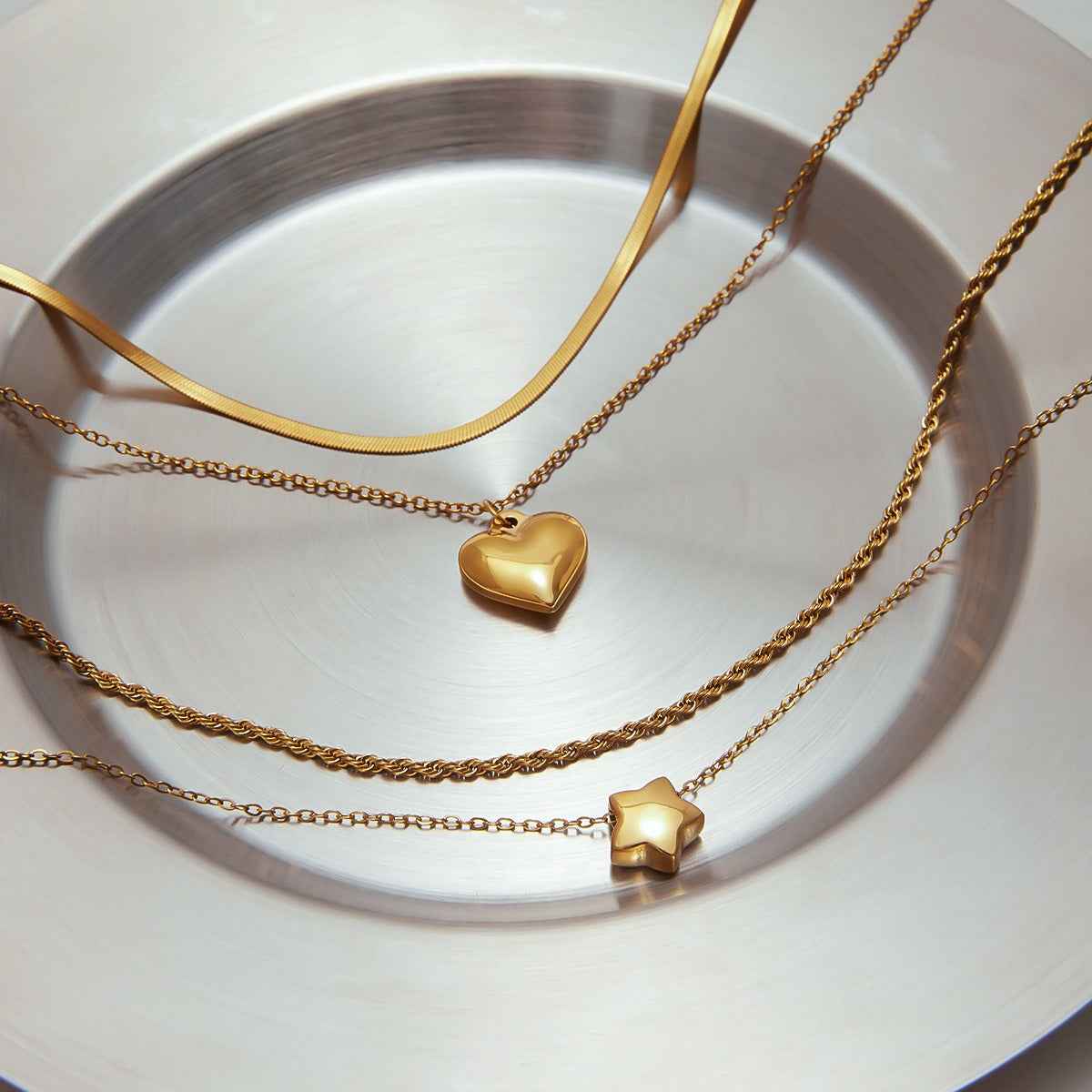18K gold double chain with heart/star design exquisite simple necklace