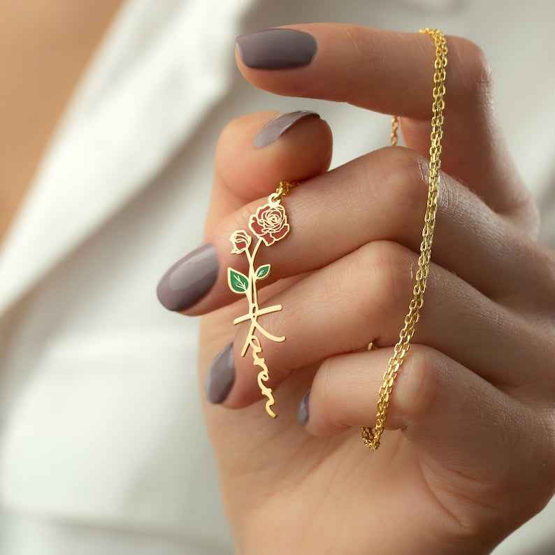 Personalized Birth Flower & Name Necklace