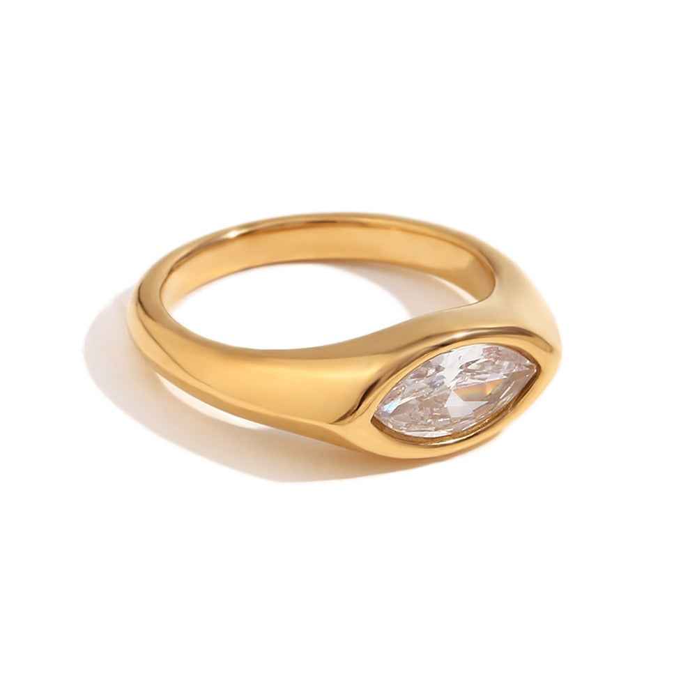 18K gold ring with marquise-cut zircon and seal design