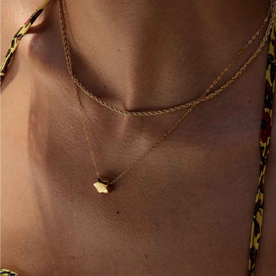 18K gold double chain with heart/star design exquisite simple necklace