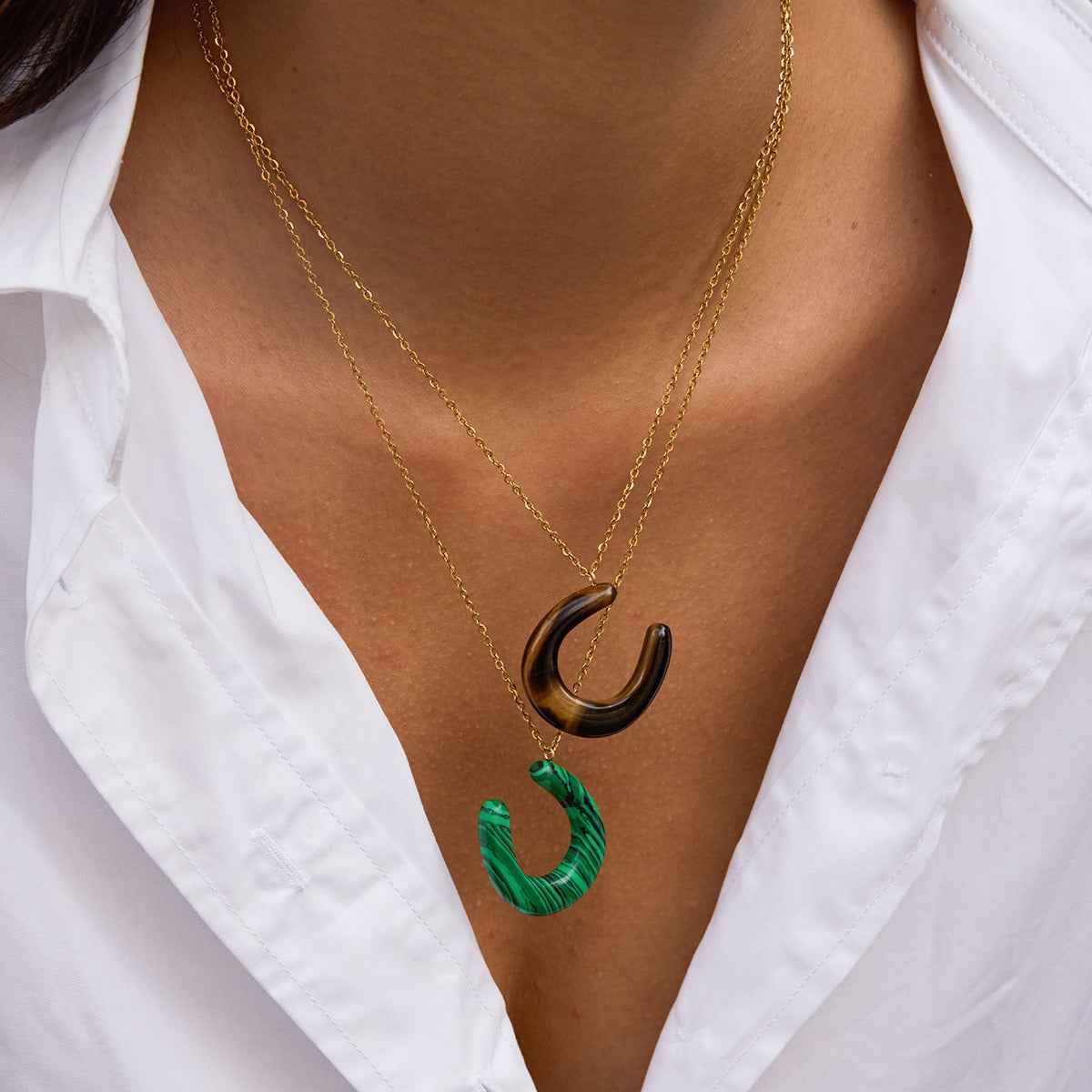 18K Stainless Steel Horseshoe U-shaped Tiger's Eye and Malachite Pendant Necklace