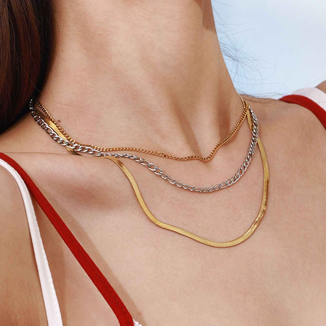 18K gold multi-layer chain with gold and silver color matching design simple personality necklace