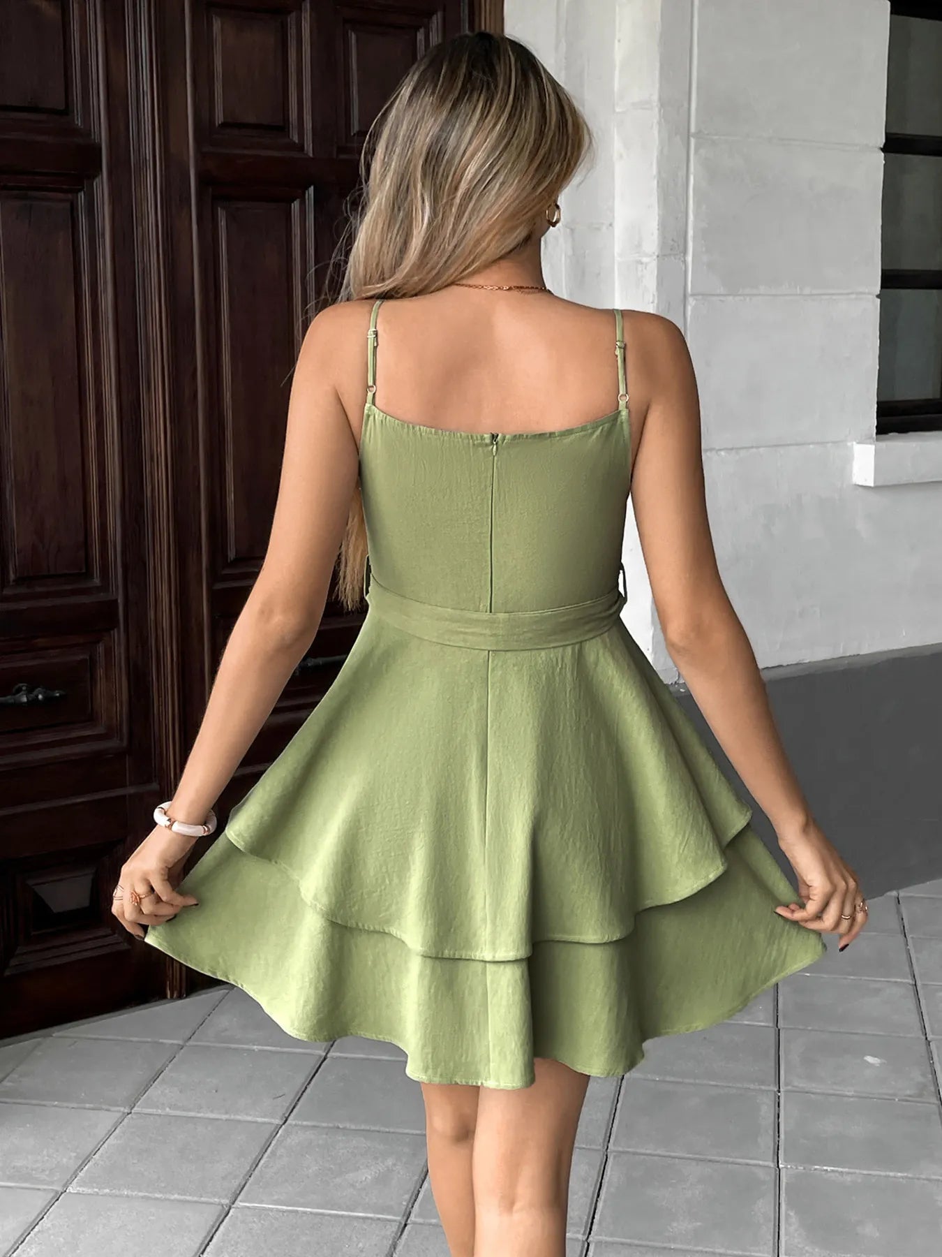 Ruffle Layered Cami Mini Dress with Bow Belt - Atelievuè