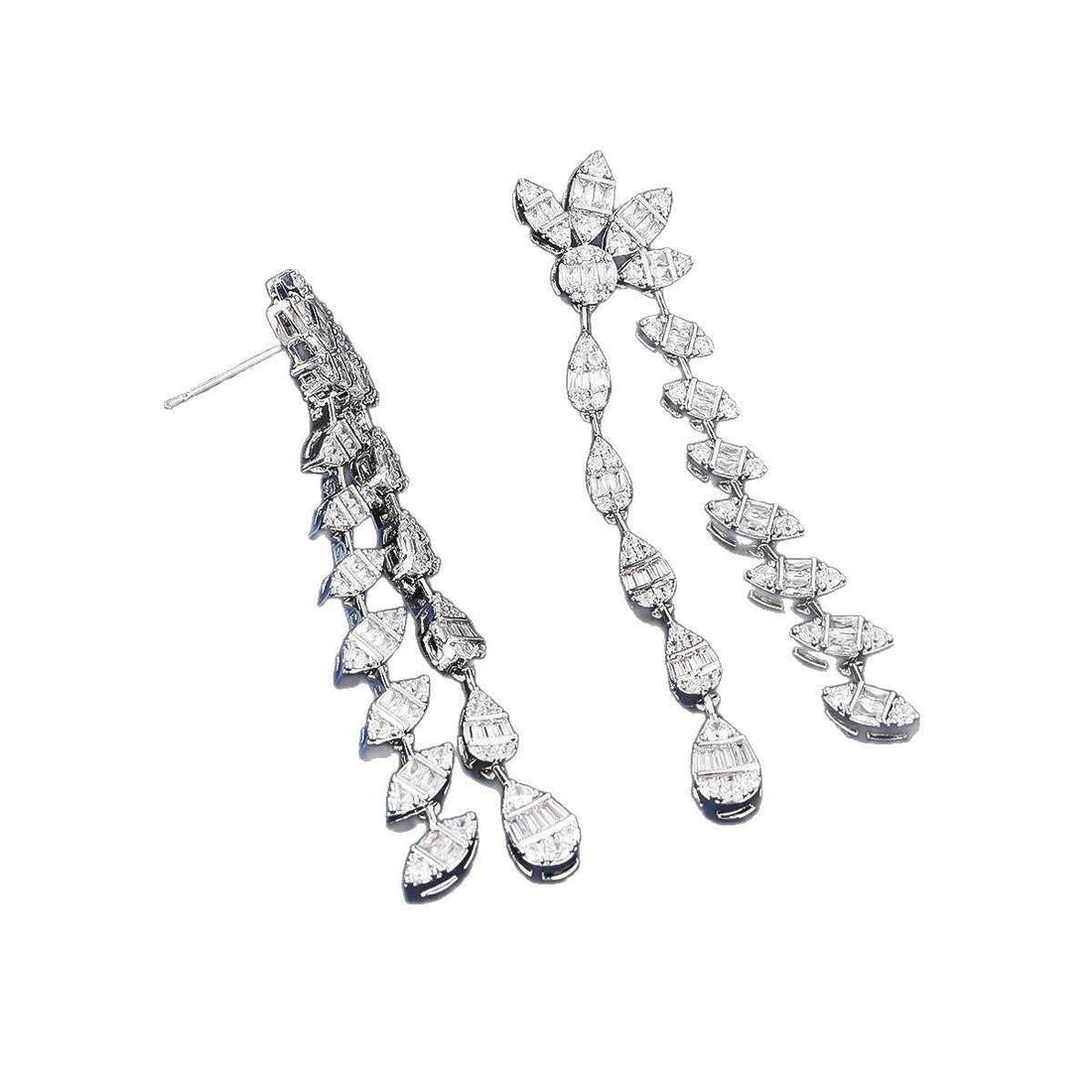 Double chain leaf-shaped earrings with full diamond embellishments