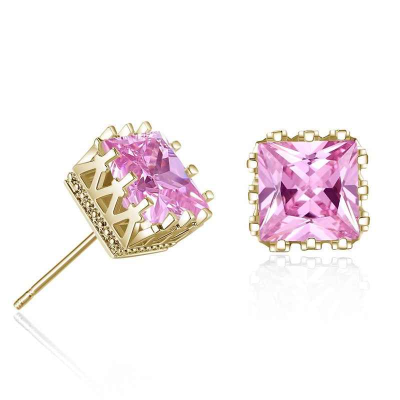 Crown-shaped openwork square zircon stud earrings