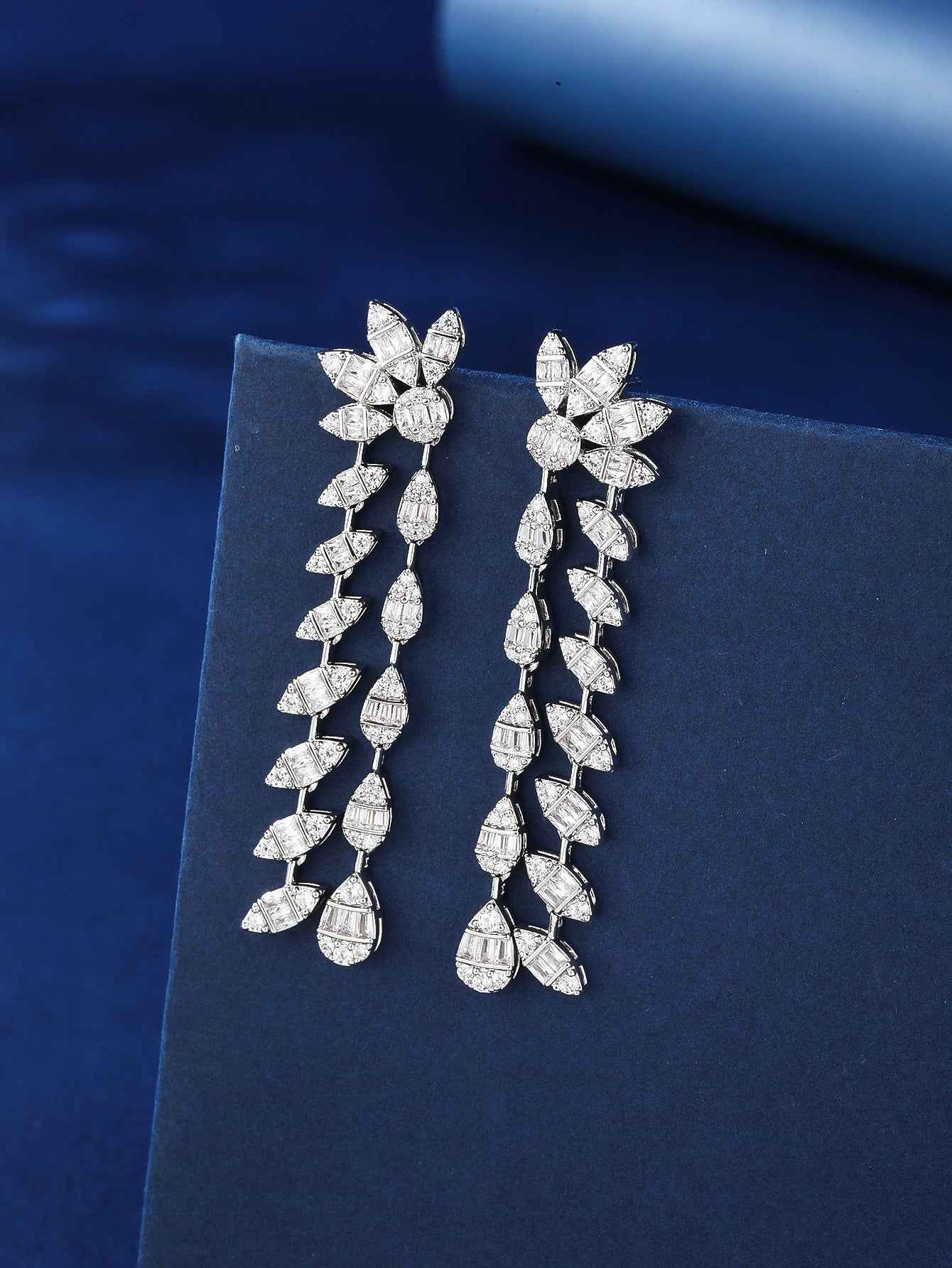 Double chain leaf-shaped earrings with full diamond embellishments