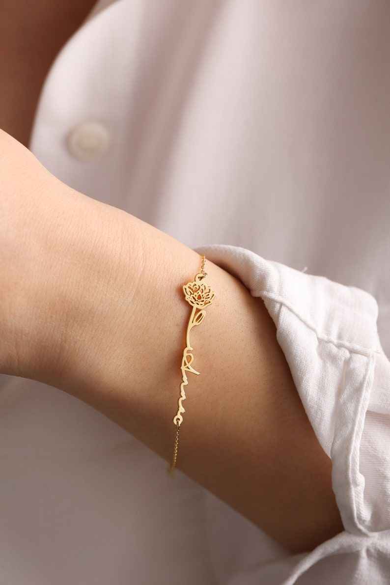 Customized Birth Flower Name Bracelet