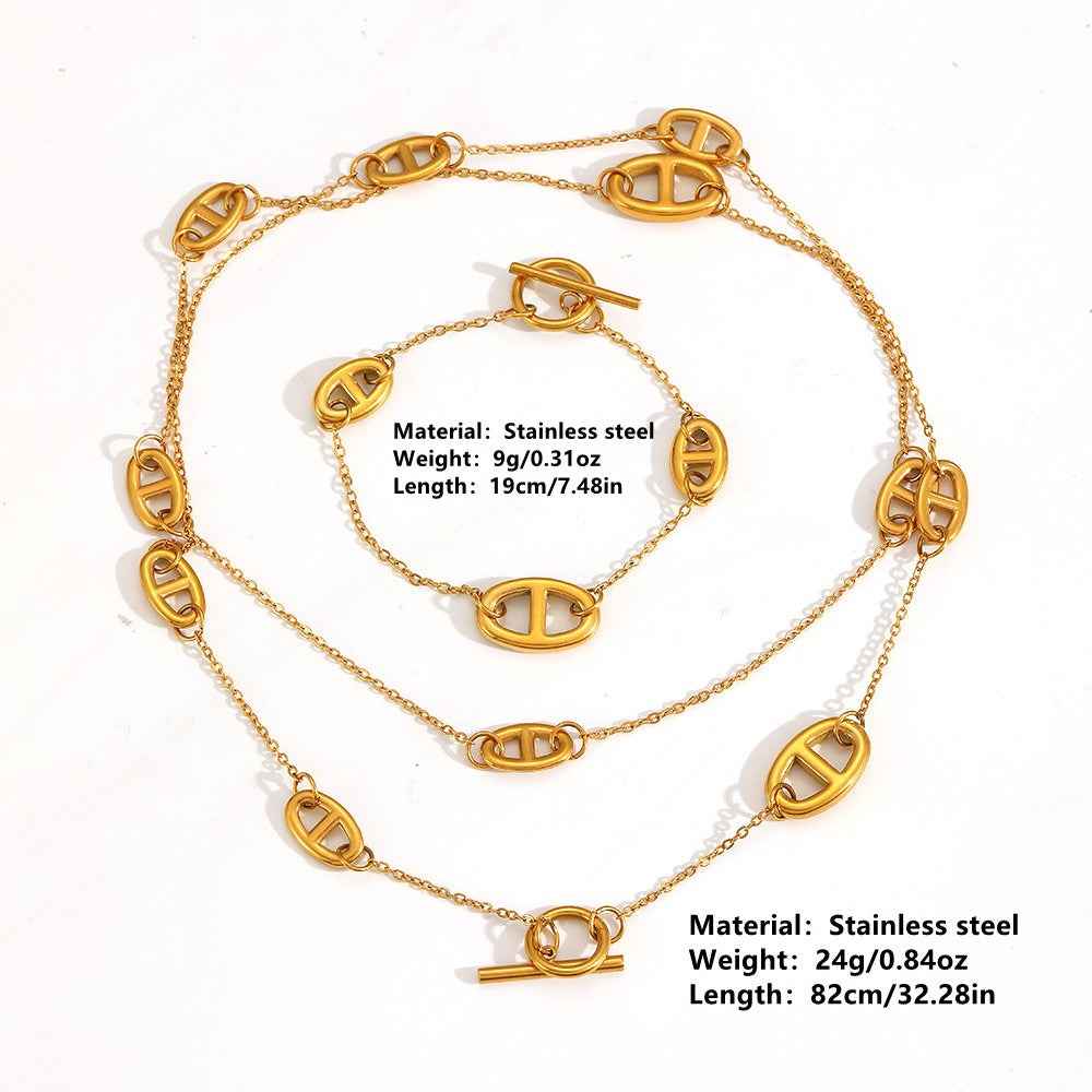 18K Gold Plated Smooth Pig Nose Design Necklace, Bracelet, and Earrings Set