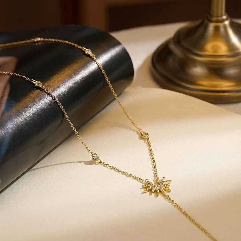 18K gold Y-shaped lasso necklace with diamond-encrusted sunflower and snowflake pendant.