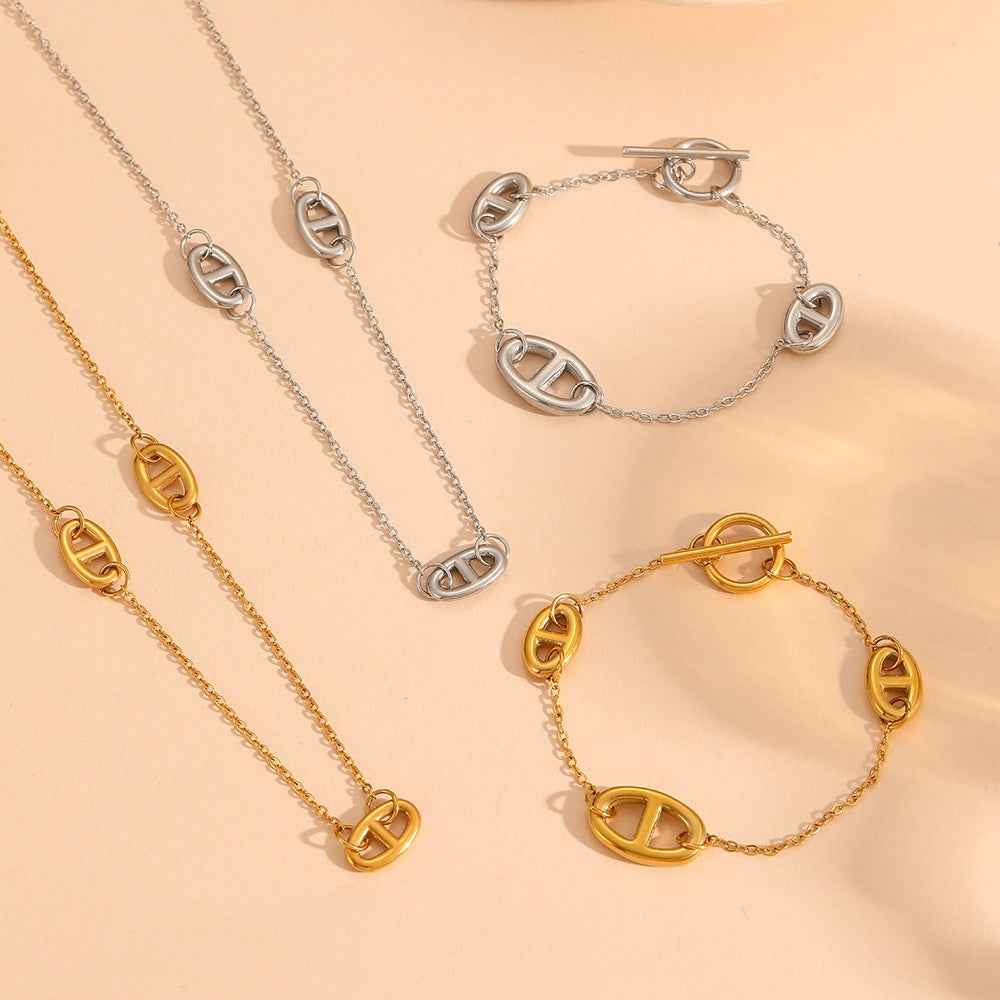 18K Gold Plated Smooth Pig Nose Design Necklace, Bracelet, and Earrings Set