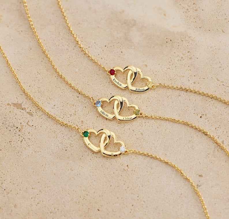 Customized Interlocking Heart Birthstone Bracelet