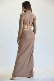 Long Sleeve Ribbed Maxi Dress with High-Neck & Cutout waist RosePaulino