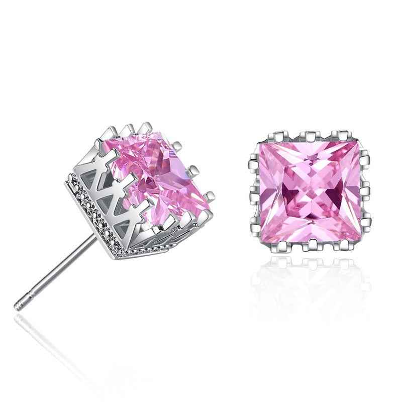 Crown-shaped openwork square zircon stud earrings