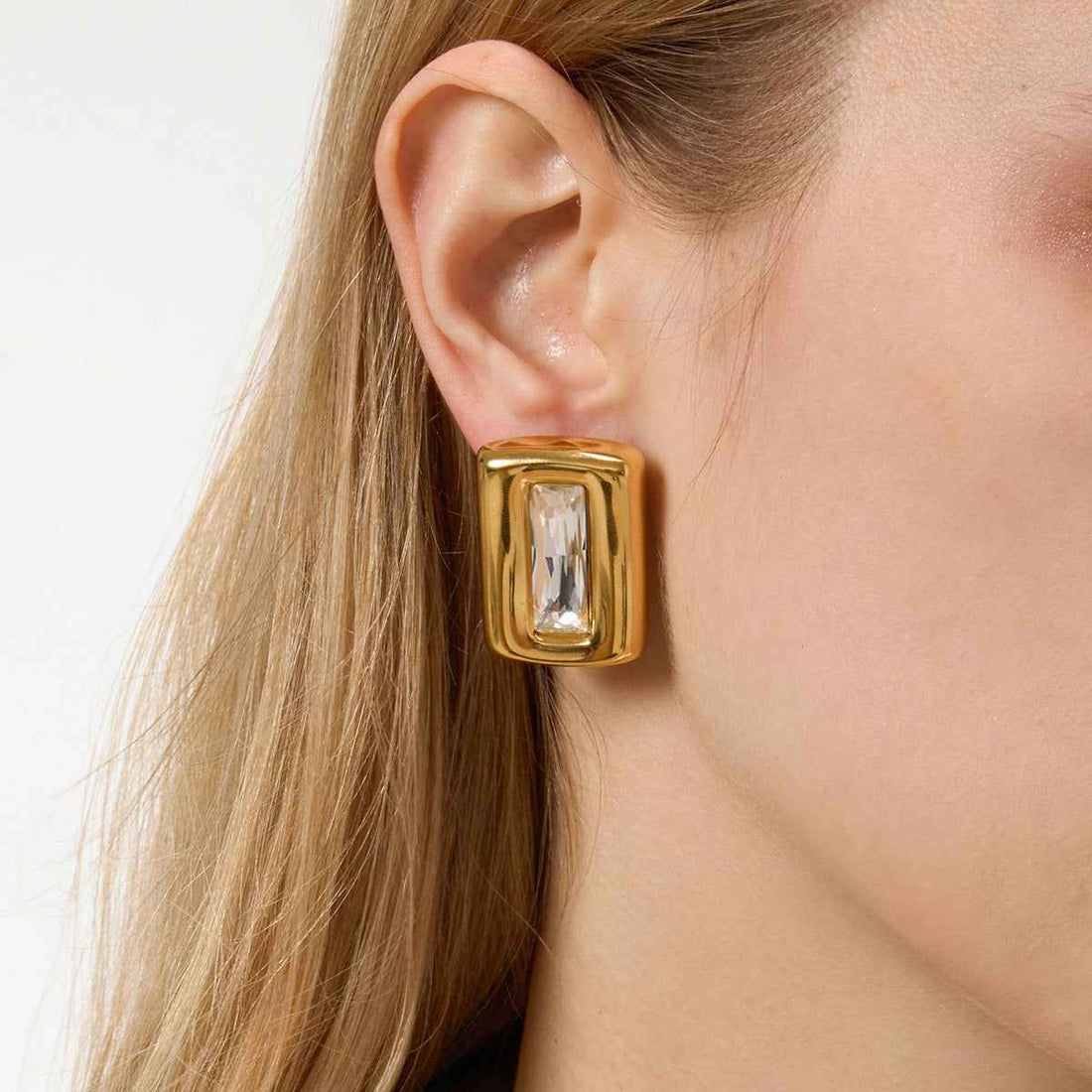 Square 18K gold-plated titanium steel stud earrings with embedded cubic zirconia.