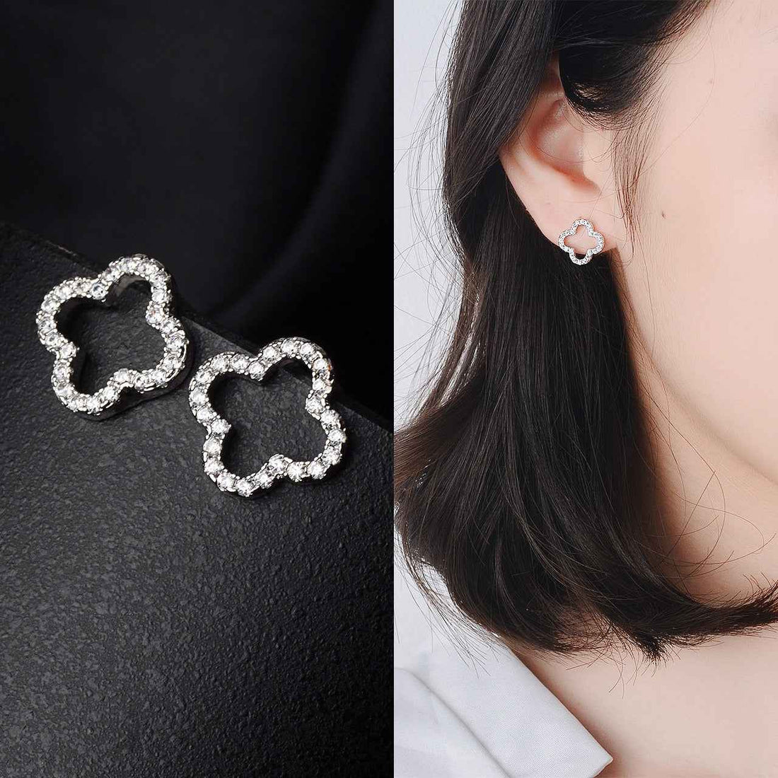 S925 sterling silver forest-style four-leaf clover diamond earrings