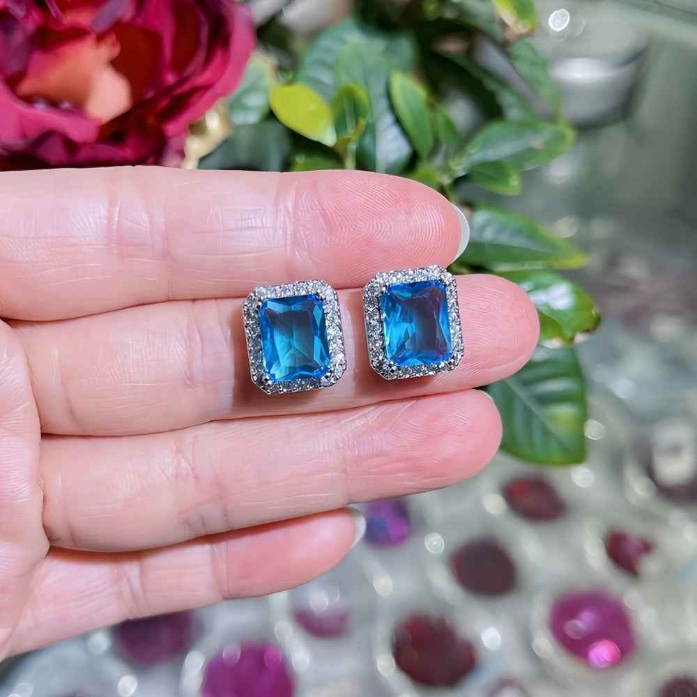 Geometric rectangular inlaid gemstone design light luxury fashion earrings
