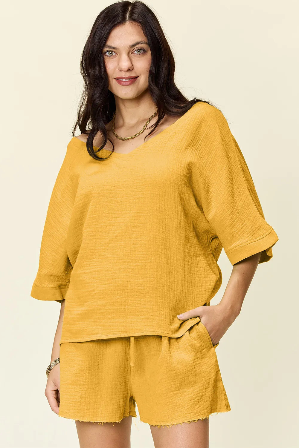 Double Take Texture Half Sleeve T-Shirt and Drawstring Shorts Set - Atelievuè