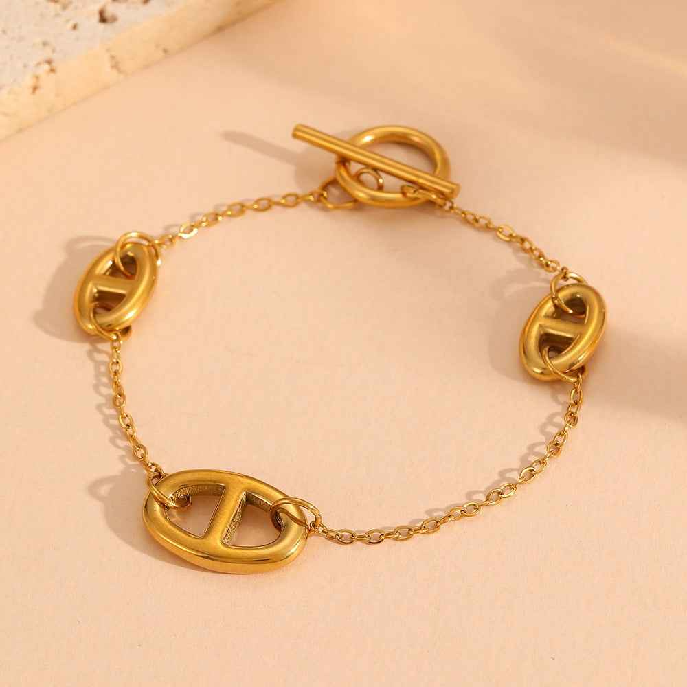 18K Gold Plated Smooth Pig Nose Design Necklace, Bracelet, and Earrings Set